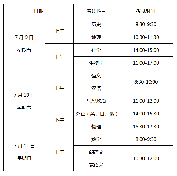 辽宁2021年7月高中学业水平考试时间