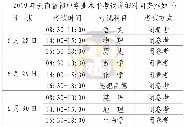 云南中考时间安排