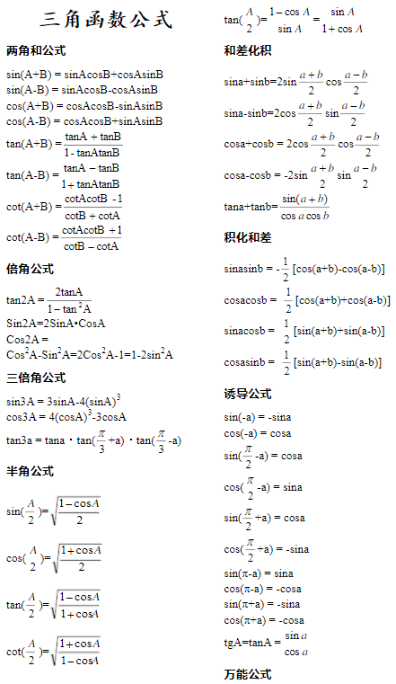 三角函数公式