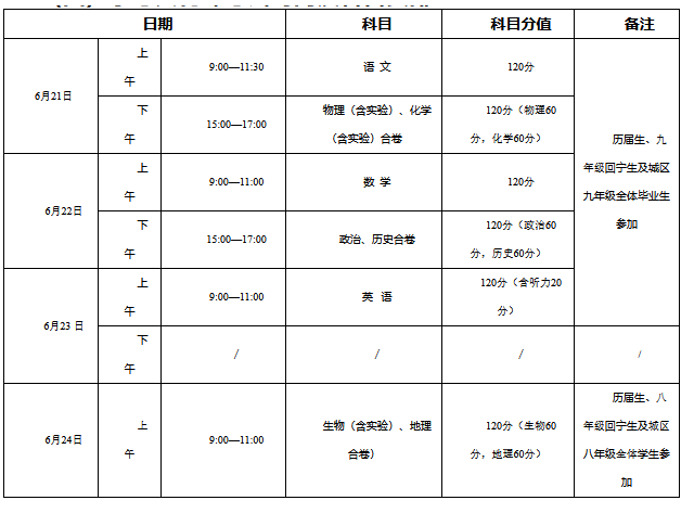 2021年青海省西宁市中考时间公布