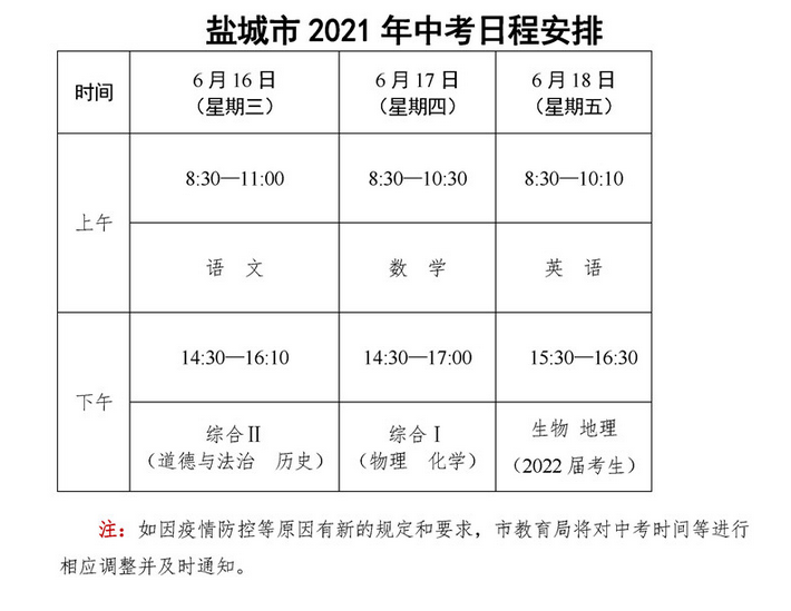 2021年江苏盐城中考时间在什么时候