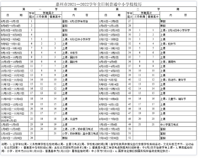 2021-2022惠州中小学校历公布 寒假放假时间