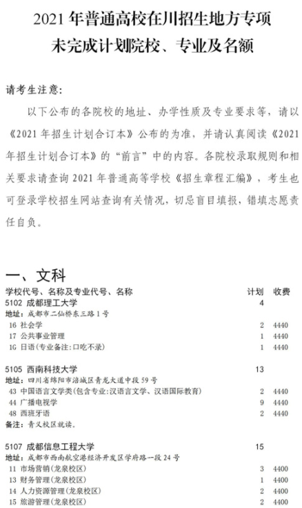2021四川地方专项计划征集志愿计划