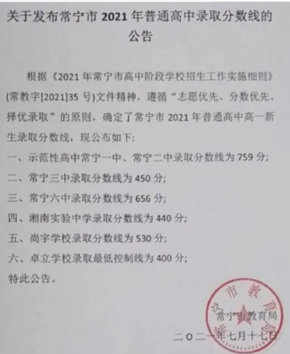 衡阳常宁中考录取分数线