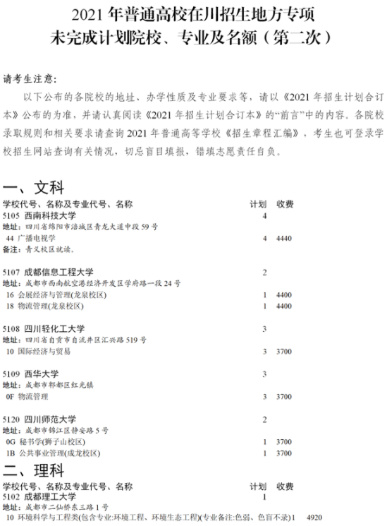 四川2021国家专项计划第三次征集志愿计划