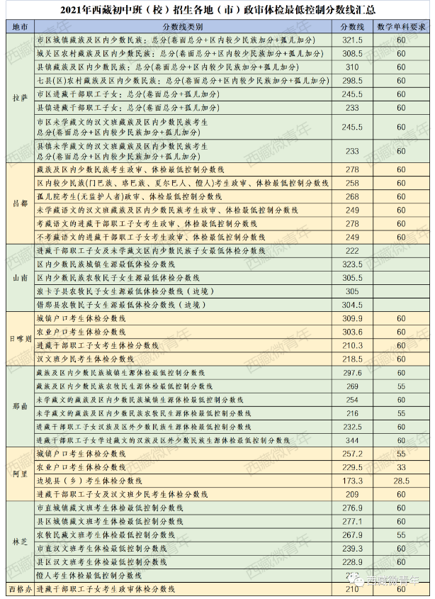 西藏初中班政审体检最低控制分数线