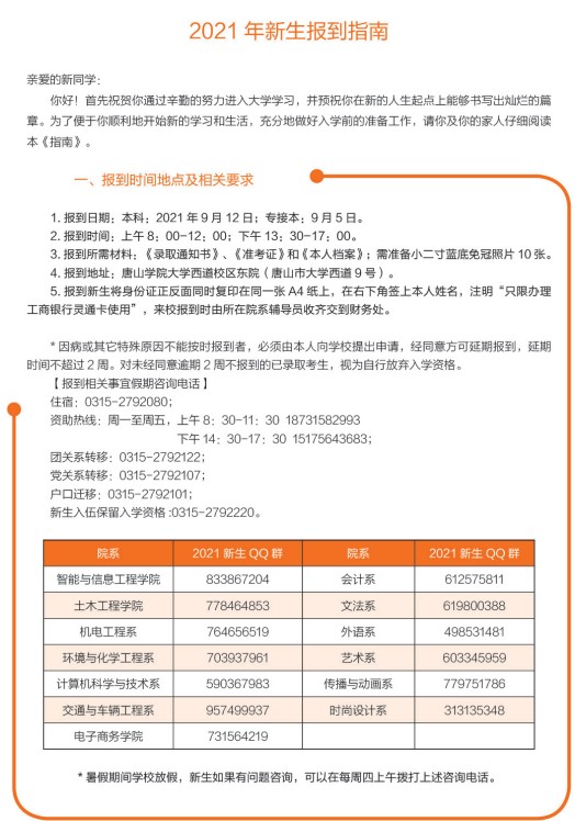 2021年唐山学院迎新系统 报到流程及入学须知