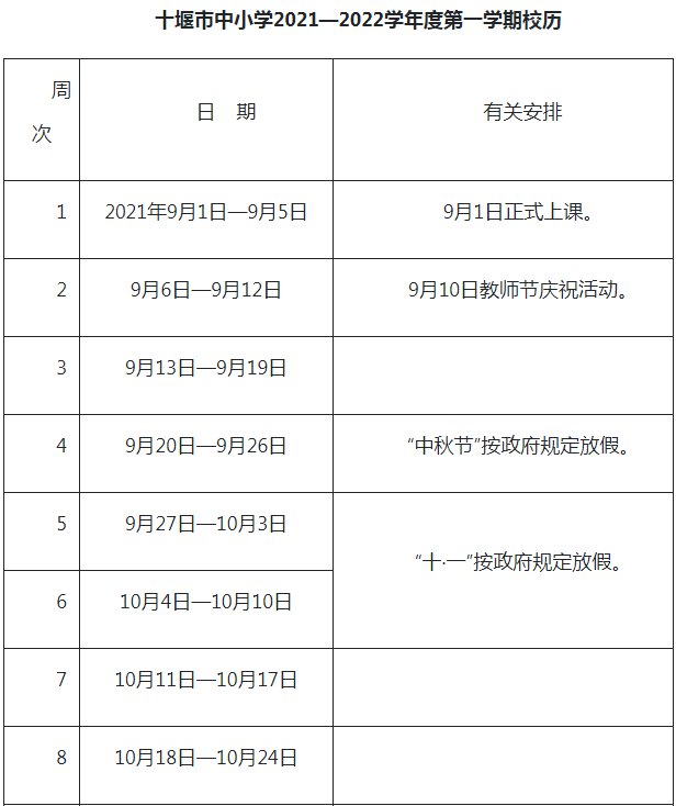 2021-2022十堰中小学校历 暑假放假时间