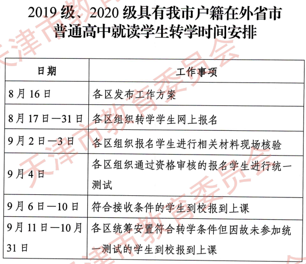 天津籍高中生在外省市就读转学时间