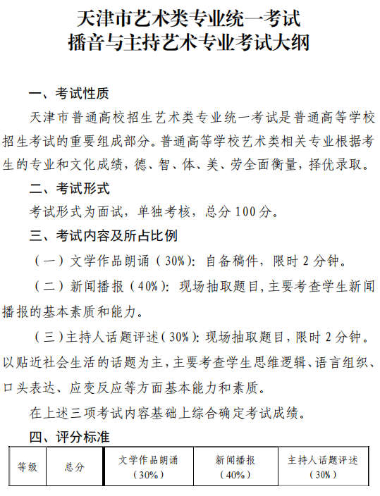 天津市艺术类专业统一考试播音与主持艺术专业考试大纲