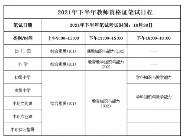 教资2021下半年考试时间