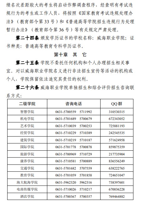 威海职业学院单招和综合评价招生简章