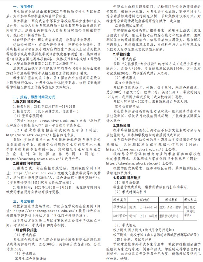 山东科技职业学院单招和综合评价招生章程2022