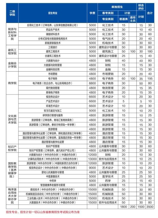 山东理工职业学院单招和综合评价招生专业及计划